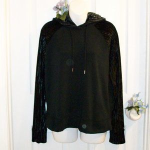 Calia by Carrie Underwood Velour Trimmed Black Pullover Hoodie Top